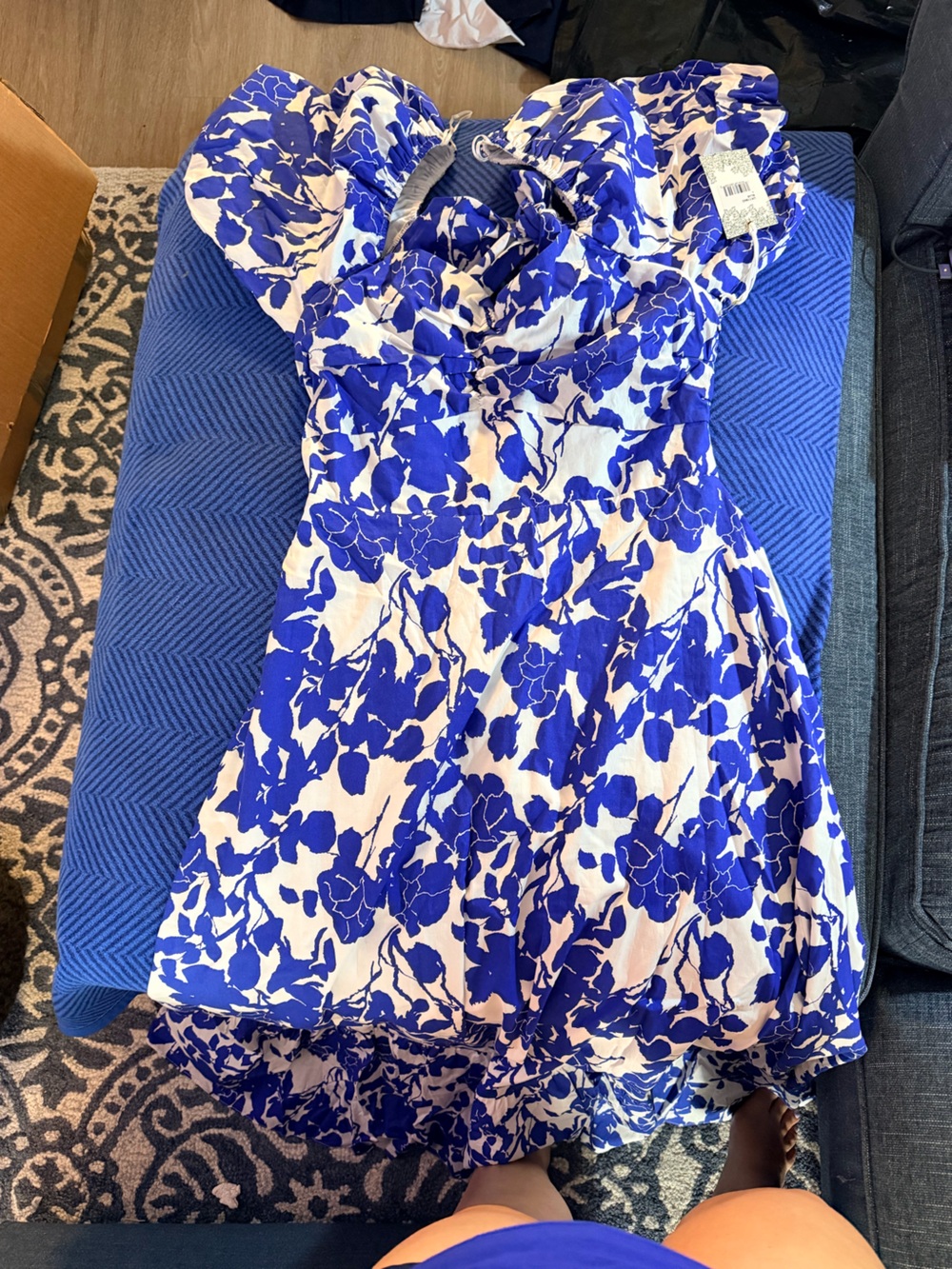Tuckernuck Blue and White Floral Maxi Dress with Puff Shoulders